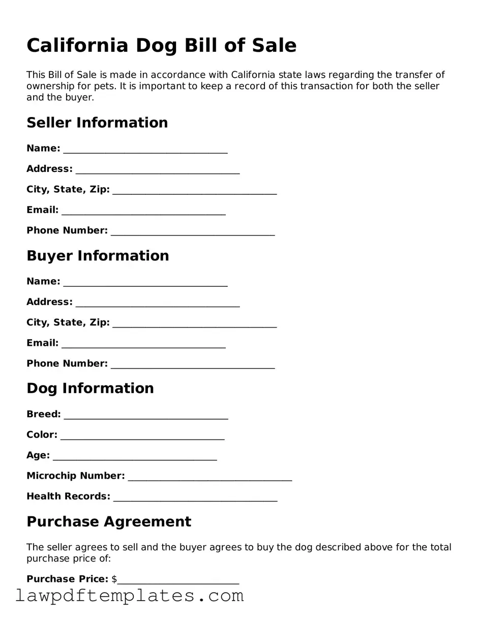 Free Dog Bill of Sale Template for the State of California