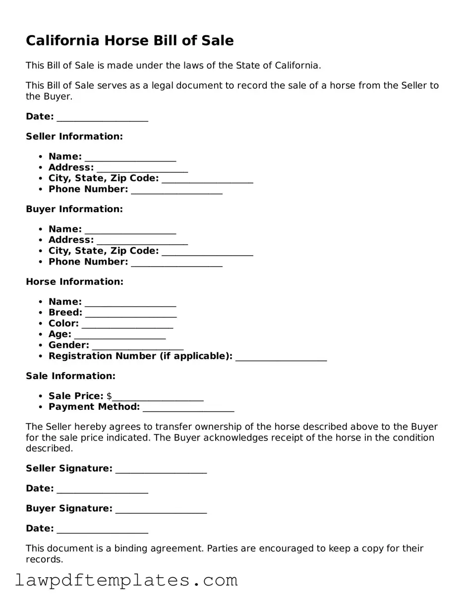 Free Horse Bill of Sale Template for the State of California