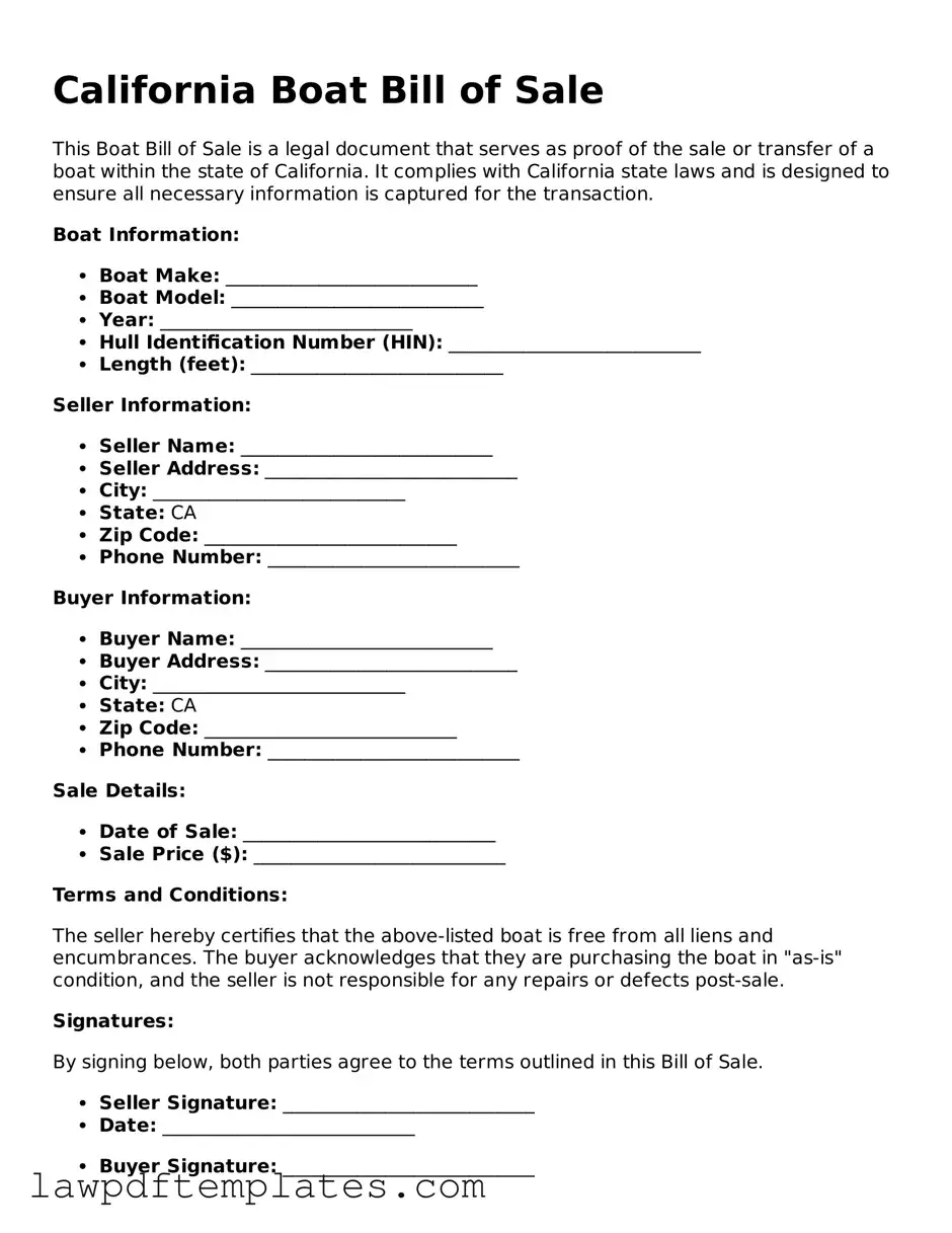 Free Boat Bill of Sale Template for the State of California