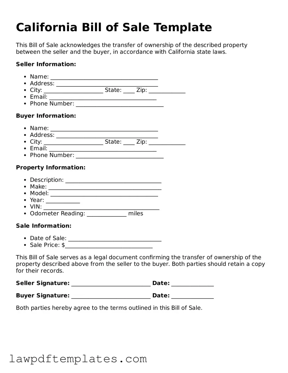 Free Bill of Sale Template for the State of California