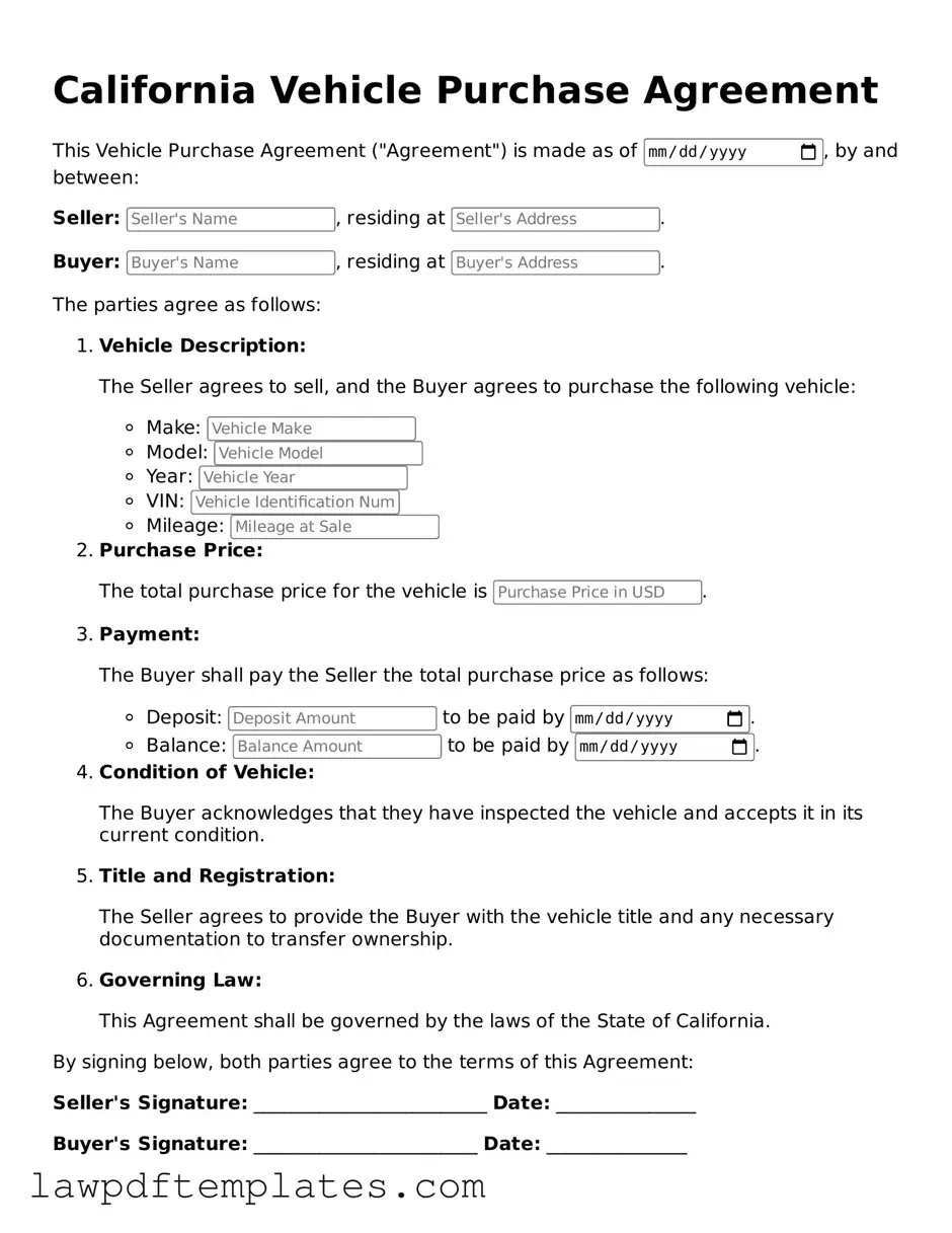 Free Vehicle Purchase Agreement Template for the State of California