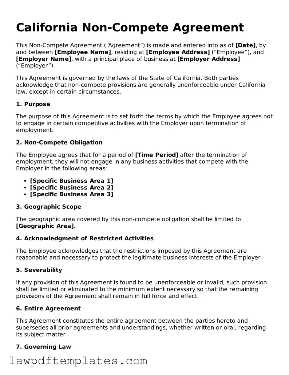 Free Non-compete Agreement Template for the State of California