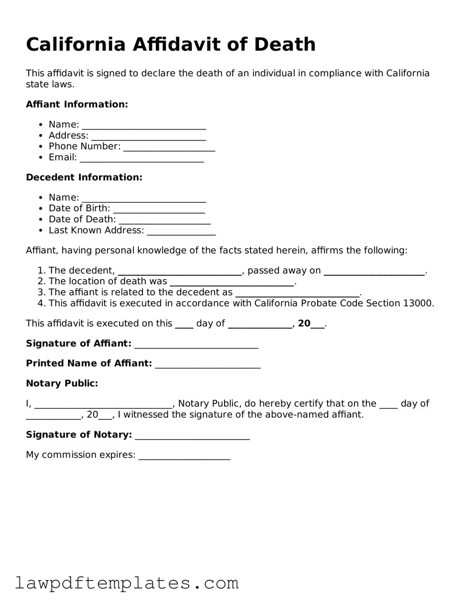 Free Affidavit of Death Template for the State of California