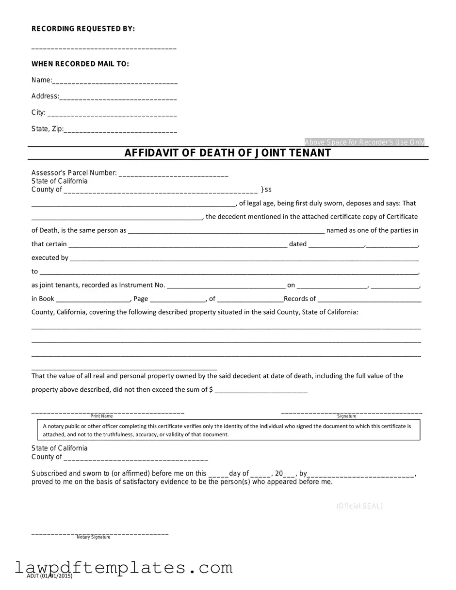 Fillable California Death of a Joint Tenant Affidavit Template