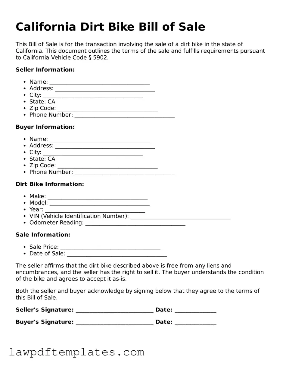 Free Dirt Bike Bill of Sale Template for the State of California