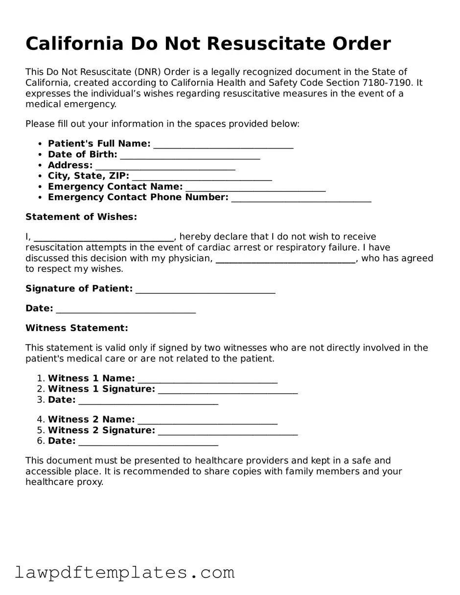 Free Do Not Resuscitate Order Template for the State of California