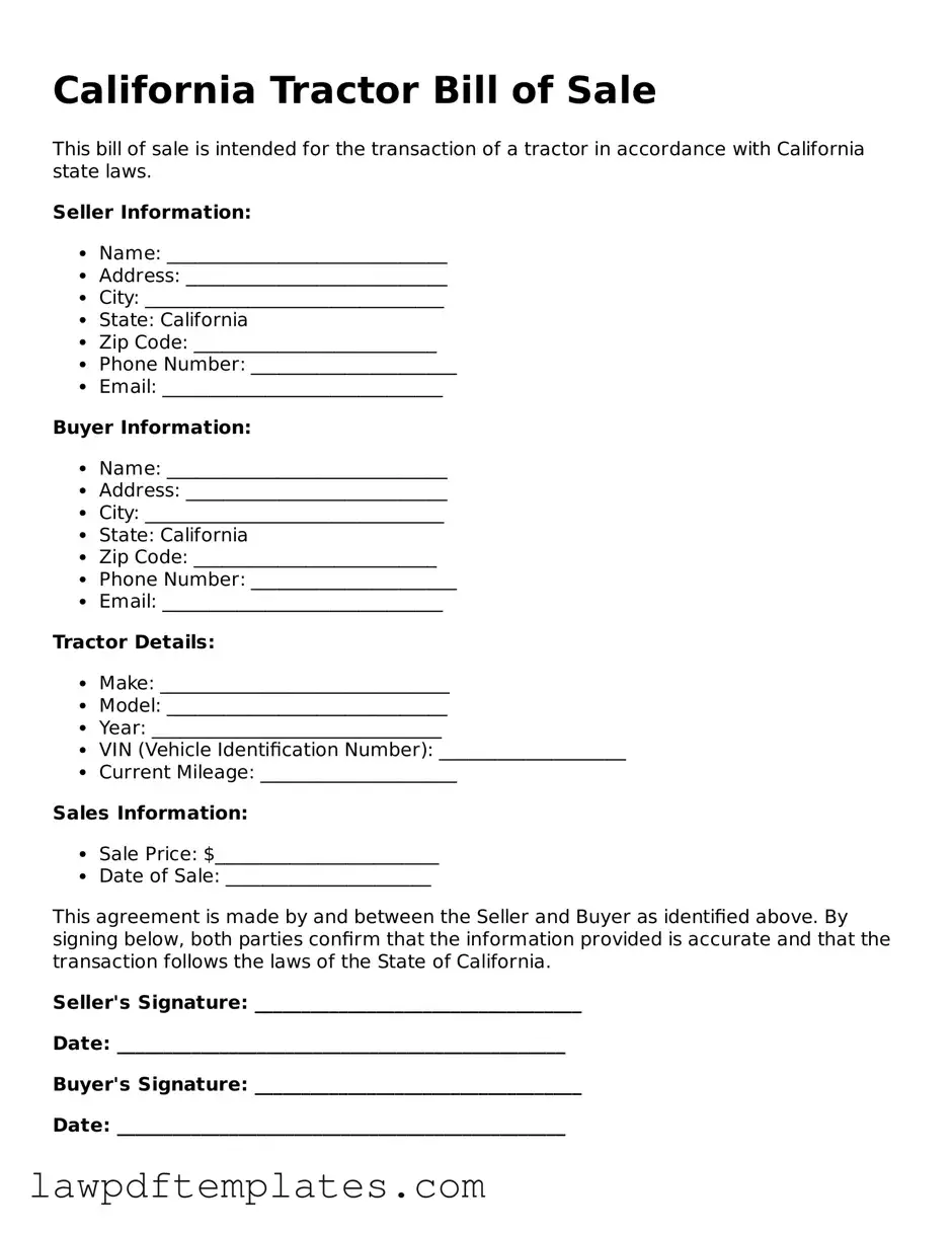 Free Tractor Bill of Sale Template for the State of California