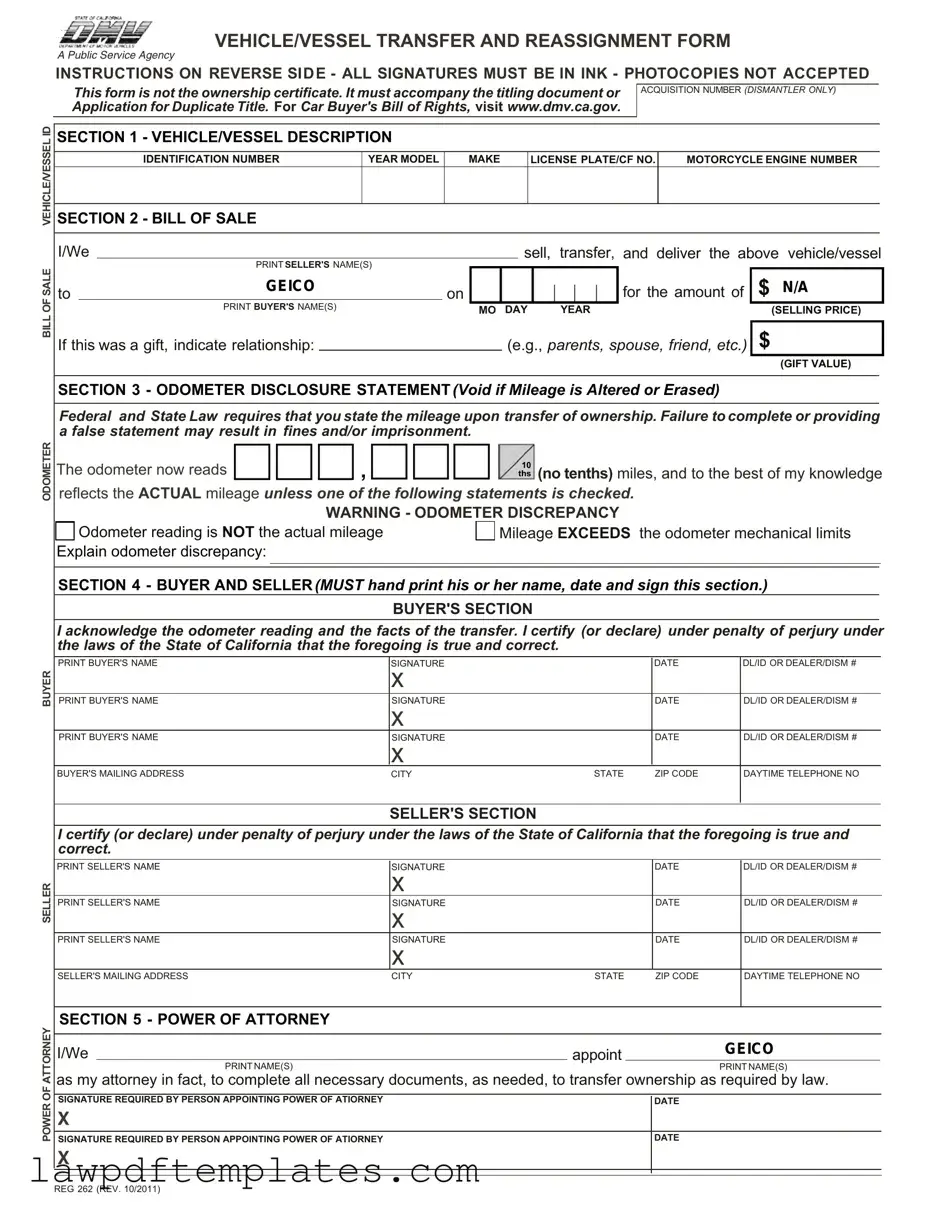 Fillable California Fotm Reg 262 Template