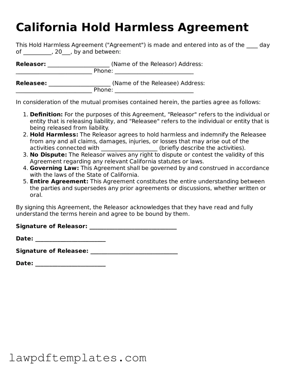 Free Hold Harmless Agreement Template for the State of California