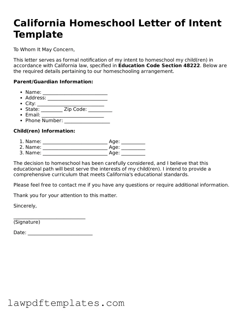 Free Homeschool Letter of Intent Template for the State of California