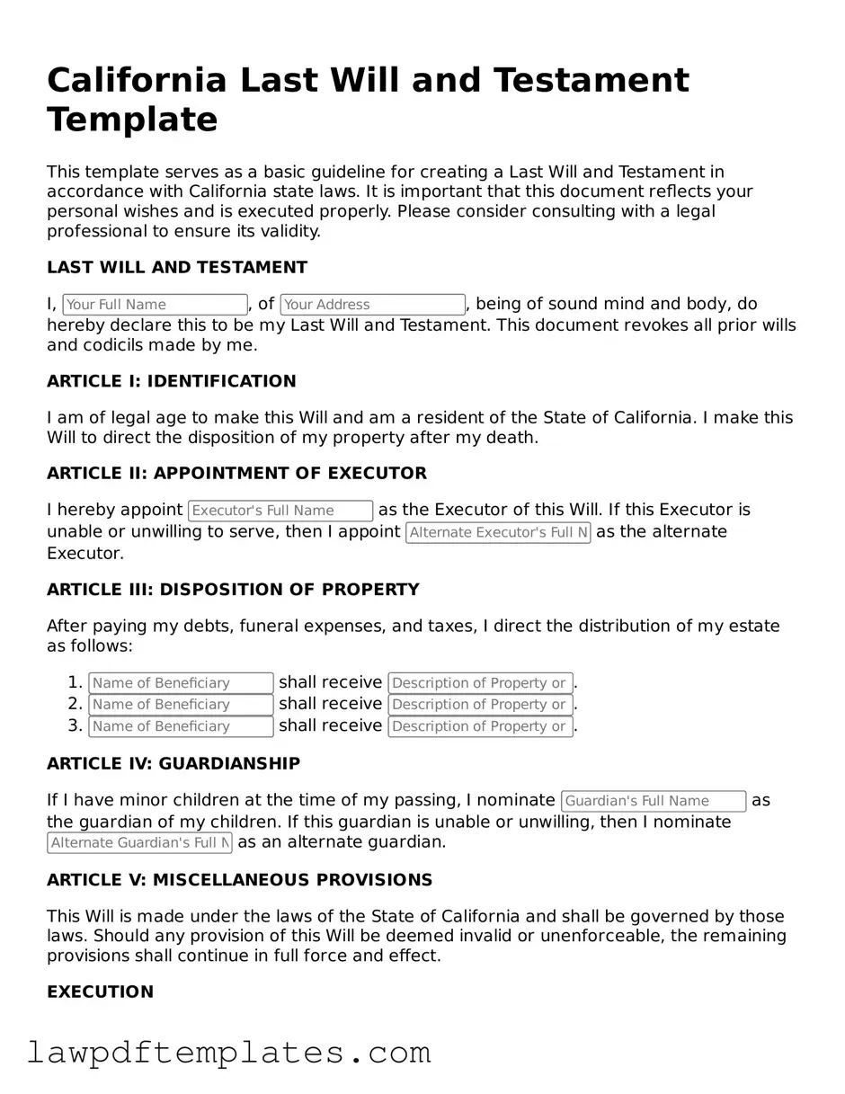 Free Last Will and Testament Template for the State of California
