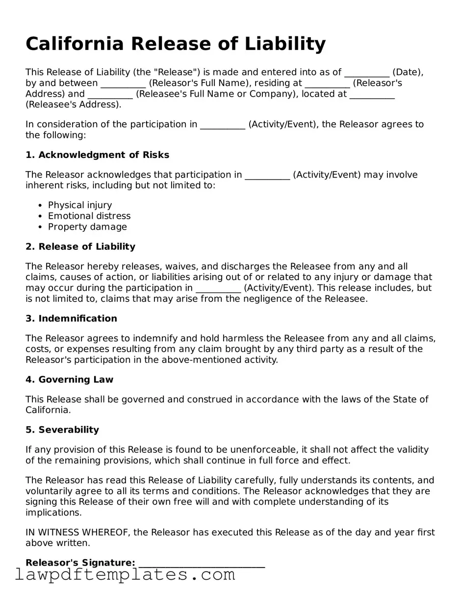 Free Release of Liability Template for the State of California