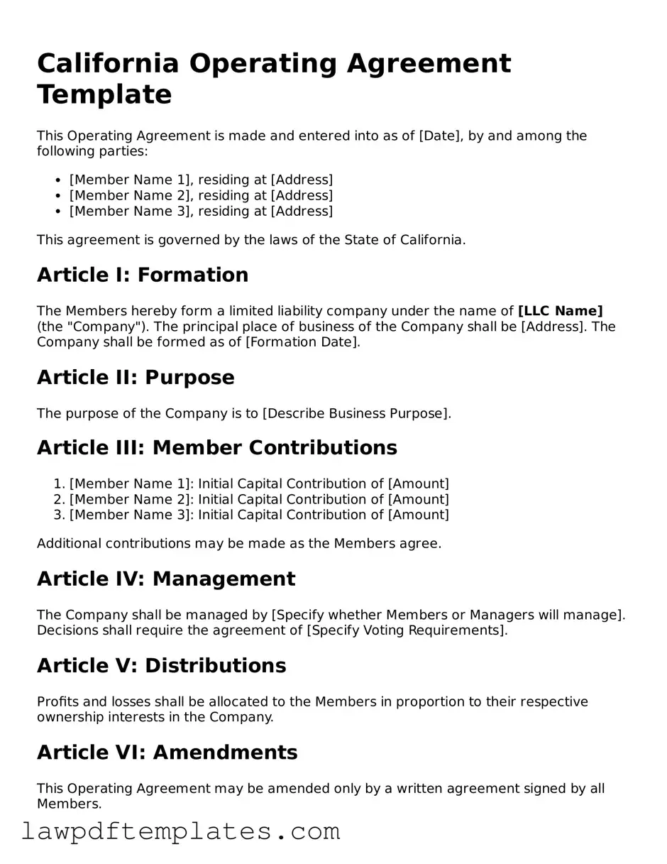 Free Operating Agreement Template for the State of California