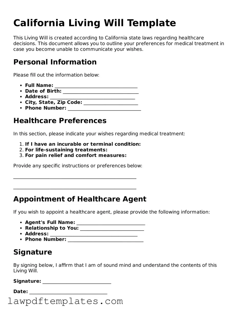 Free Living Will Template for the State of California
