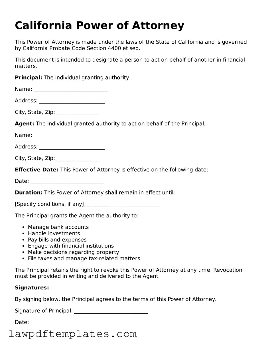 Free Power of Attorney Template for the State of California