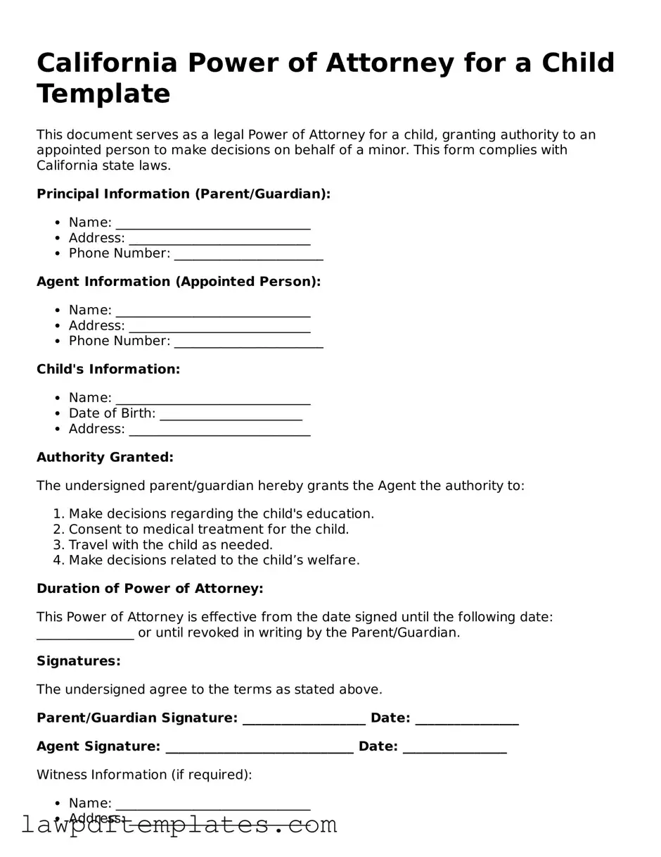 Free Power of Attorney for a Child Template for the State of California