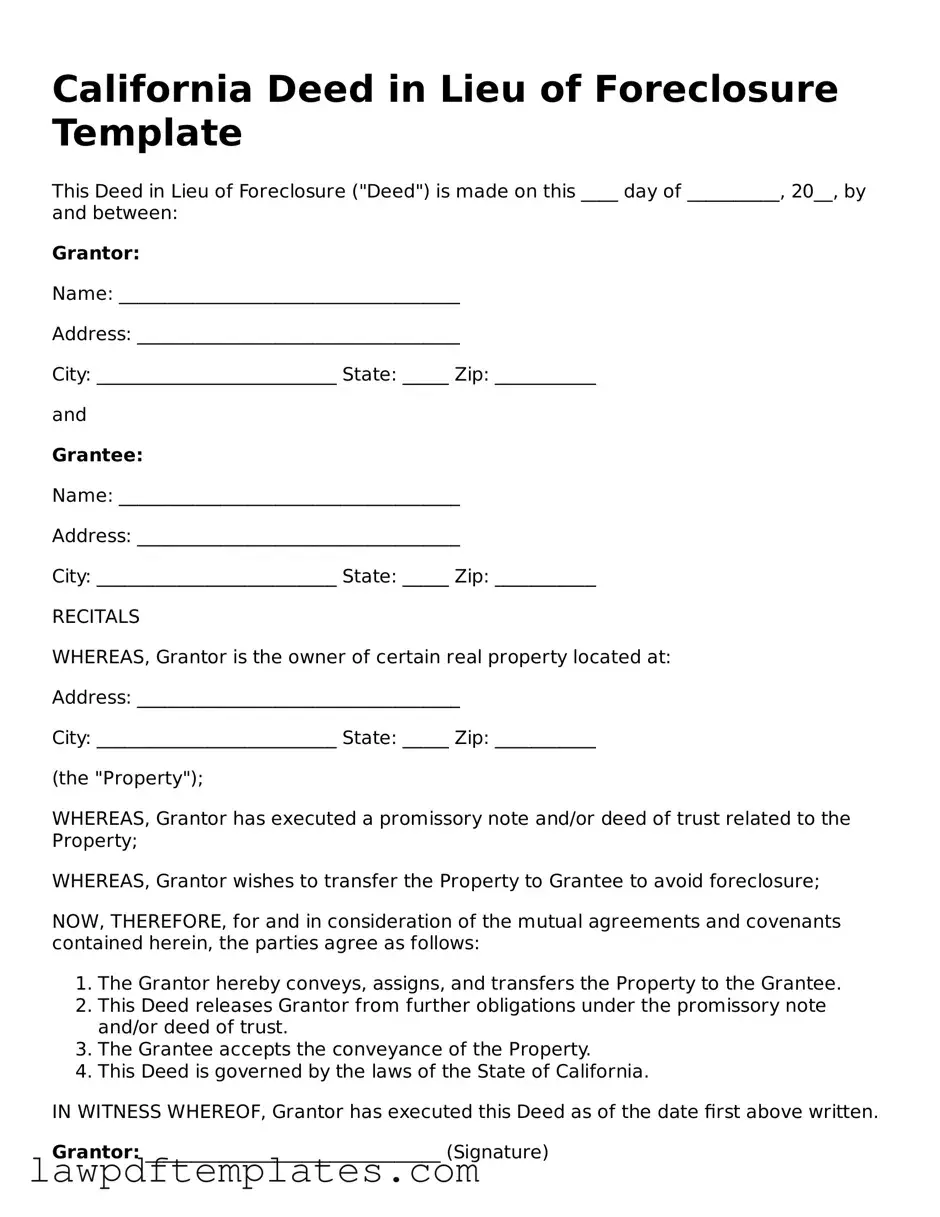 Free Deed in Lieu of Foreclosure Template for the State of California