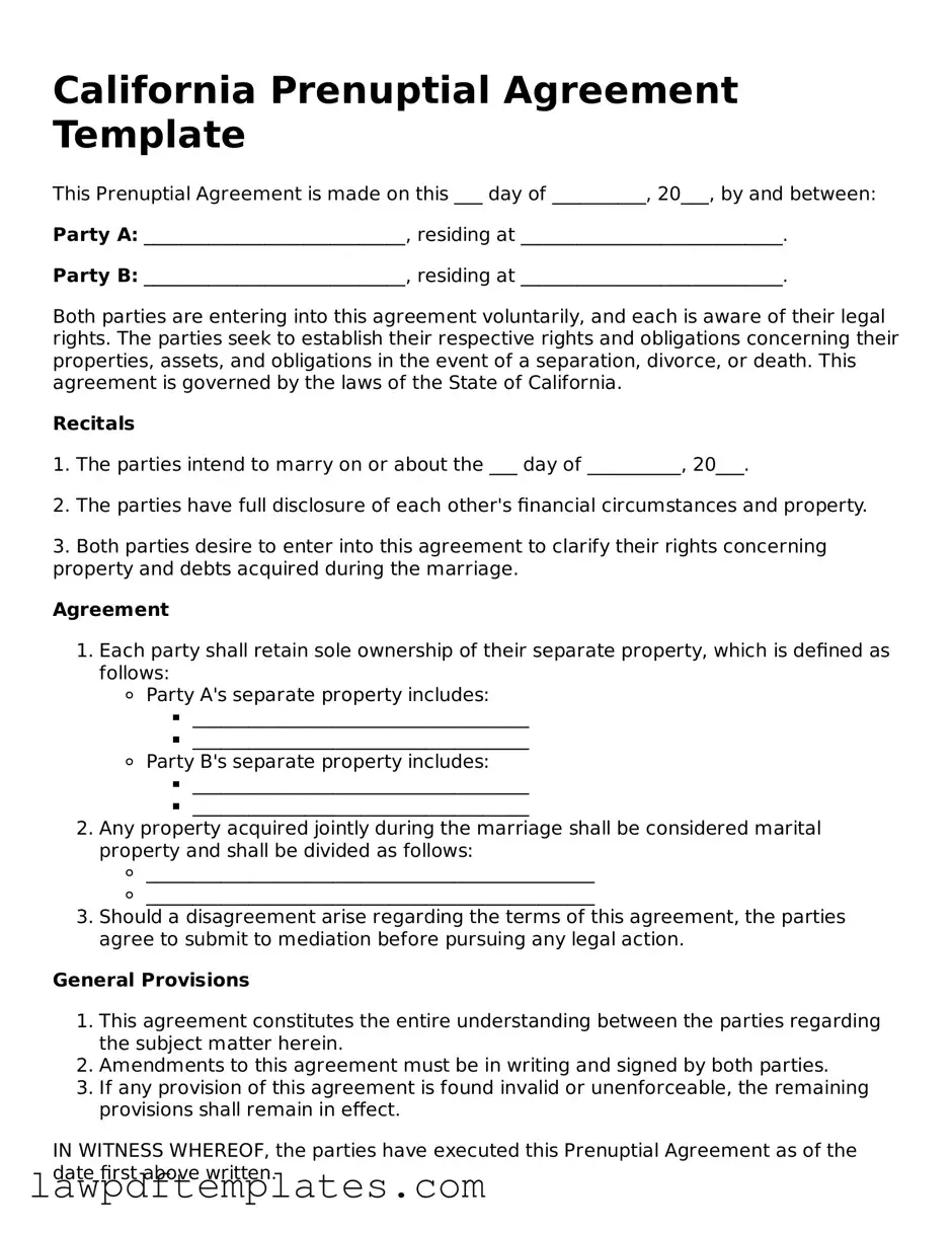 Free Prenuptial Agreement Template for the State of California