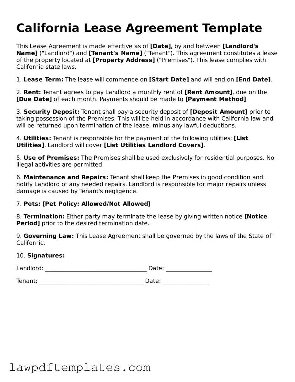 Free Lease Agreement Template for the State of California