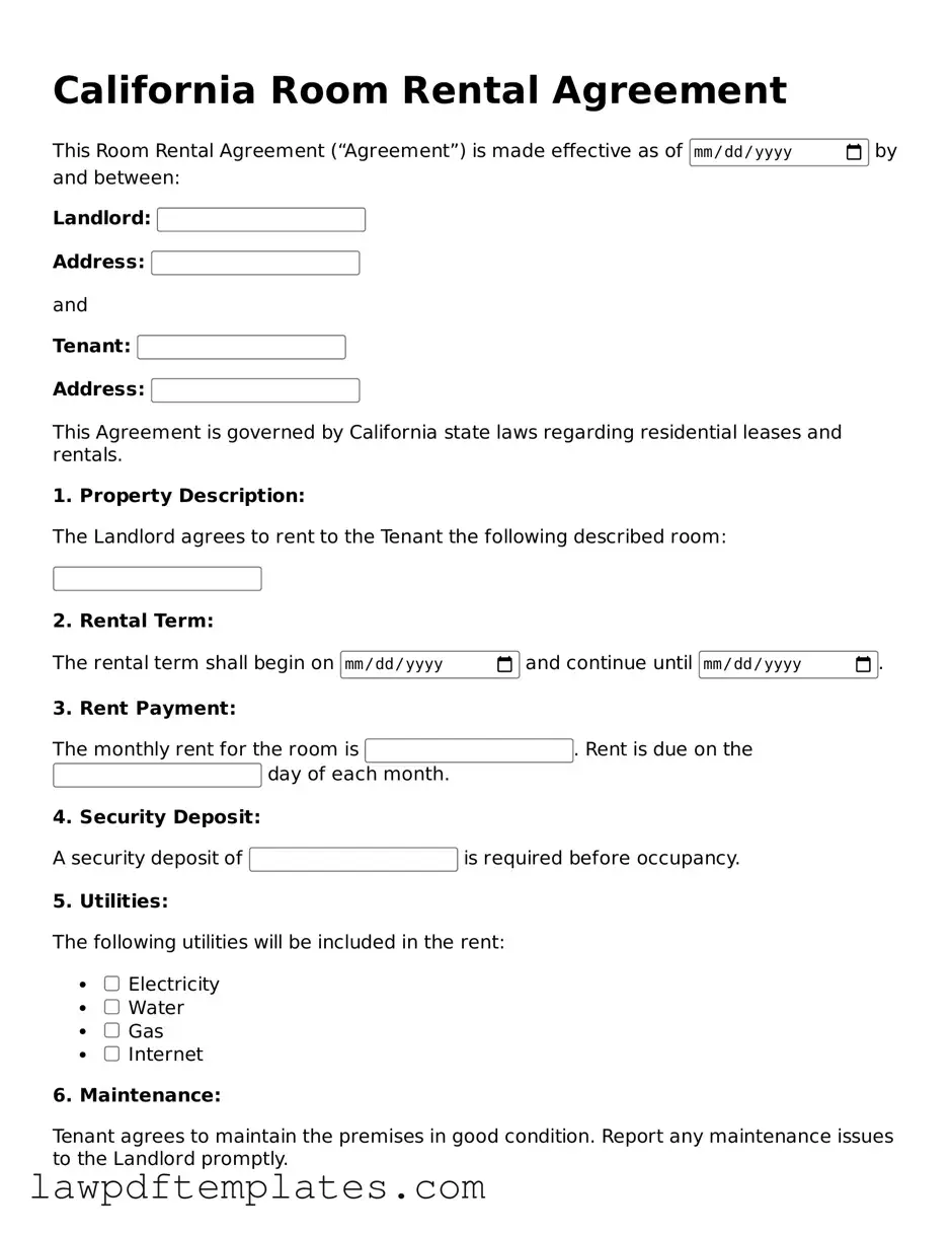 Free Room Rental Agreement Template for the State of California