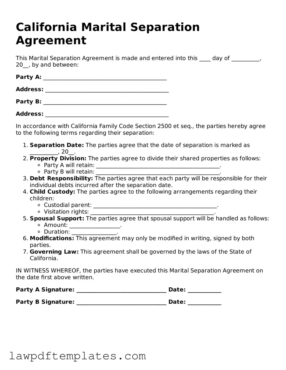 Free Marital Separation Agreement Template for the State of California
