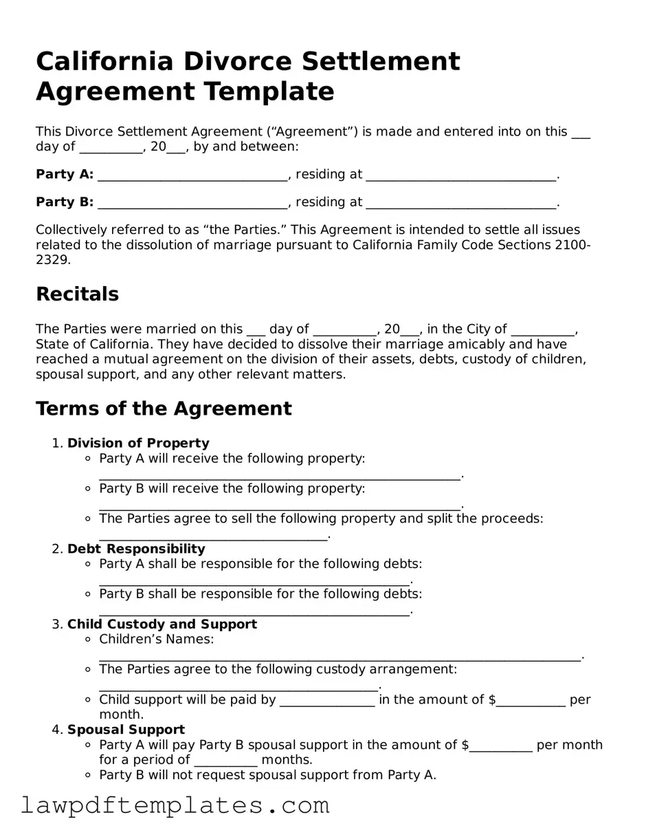Free Divorce Settlement Agreement Template for the State of California