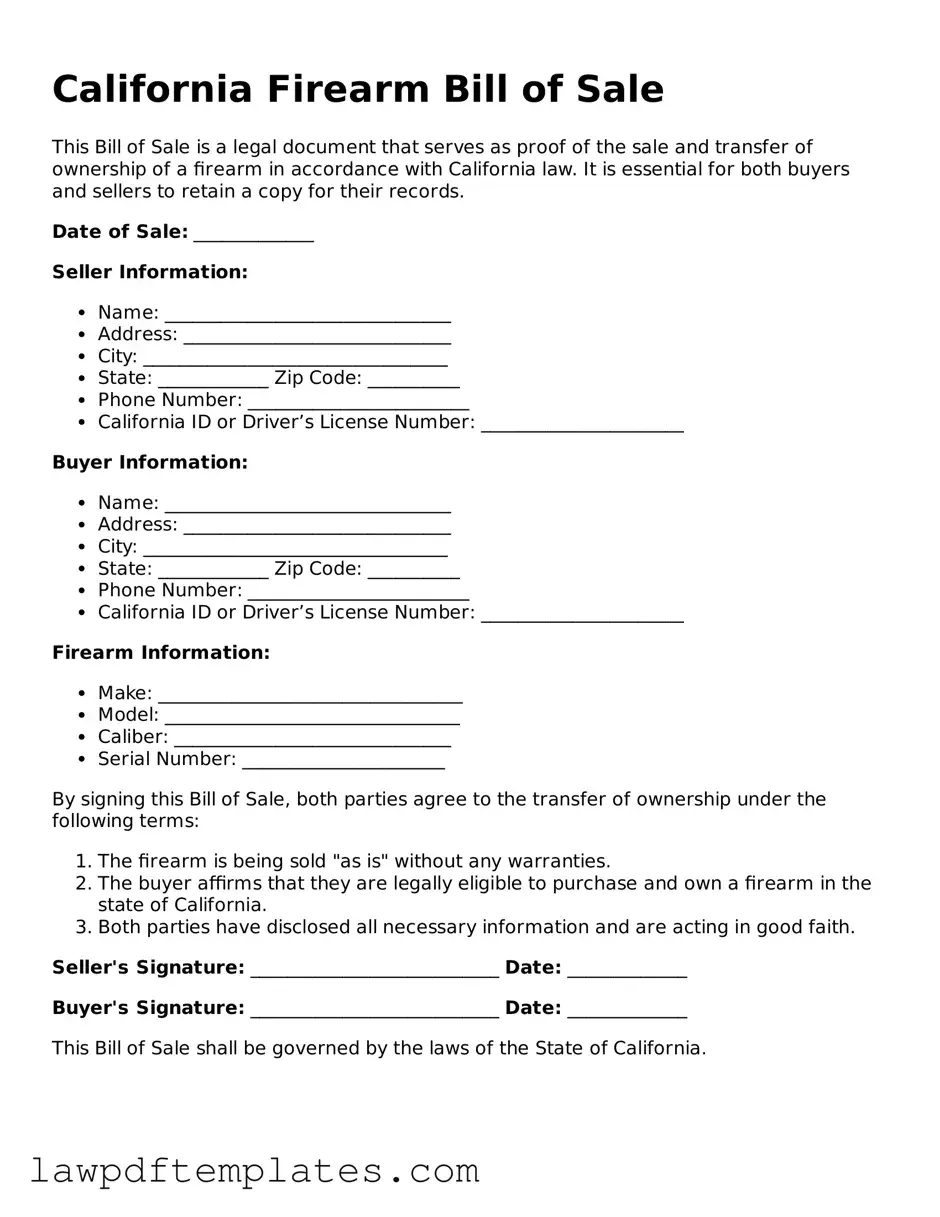 Free Firearm Bill of Sale Template for the State of California