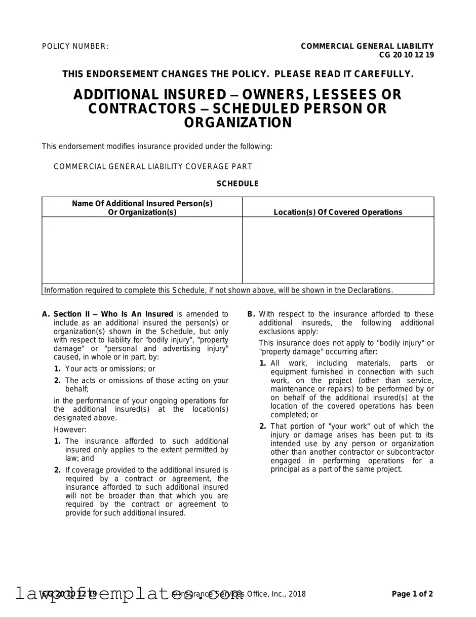 Fillable Cg 20 10 07 04 Liability Endorsement Template