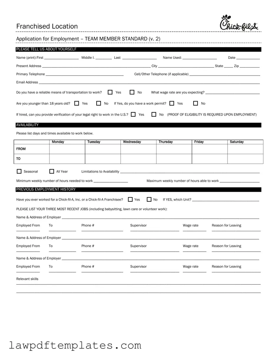 Fillable Chick Fil A Job Application Template