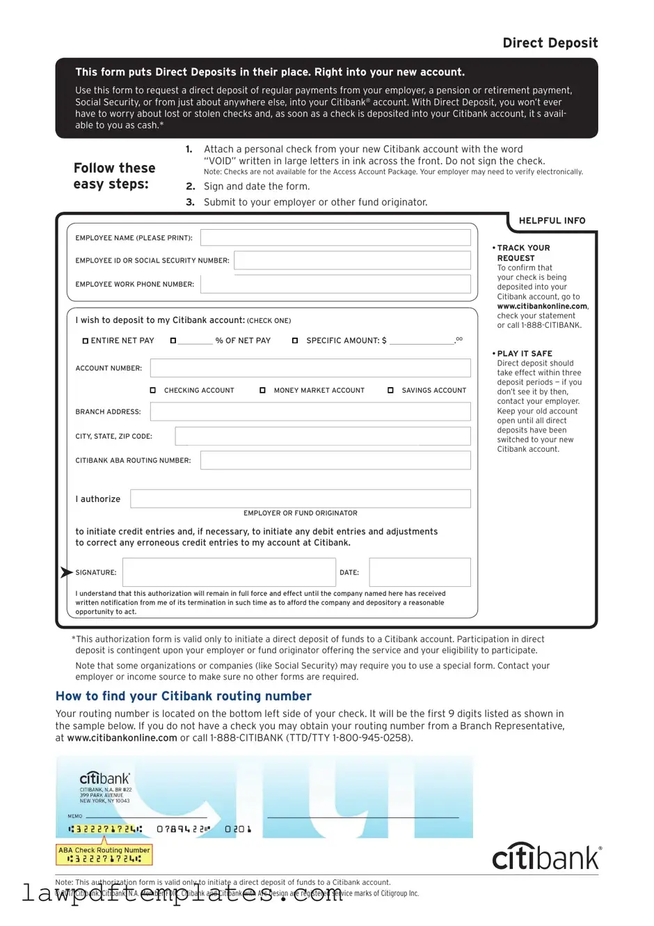 Fillable Citibank Direct Deposit Template