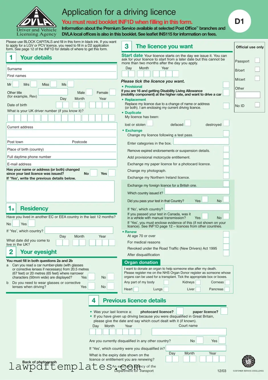 Fillable D1 Dvla Template