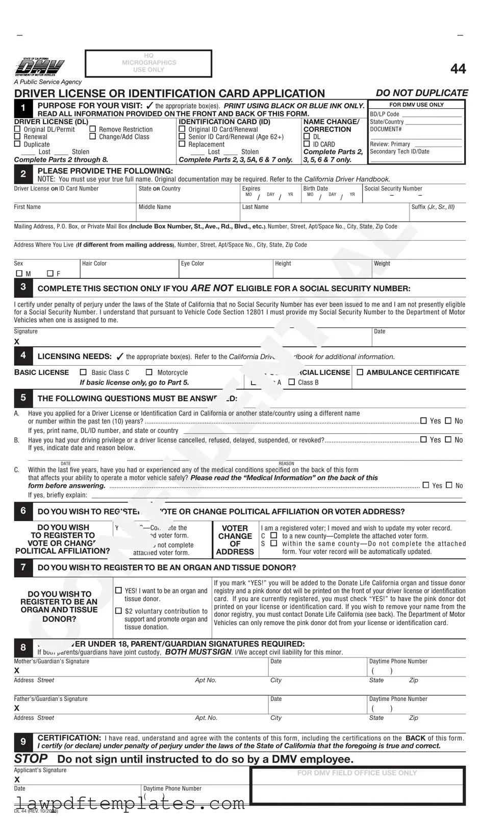 Fillable Ca Dmv Dl 44 Template