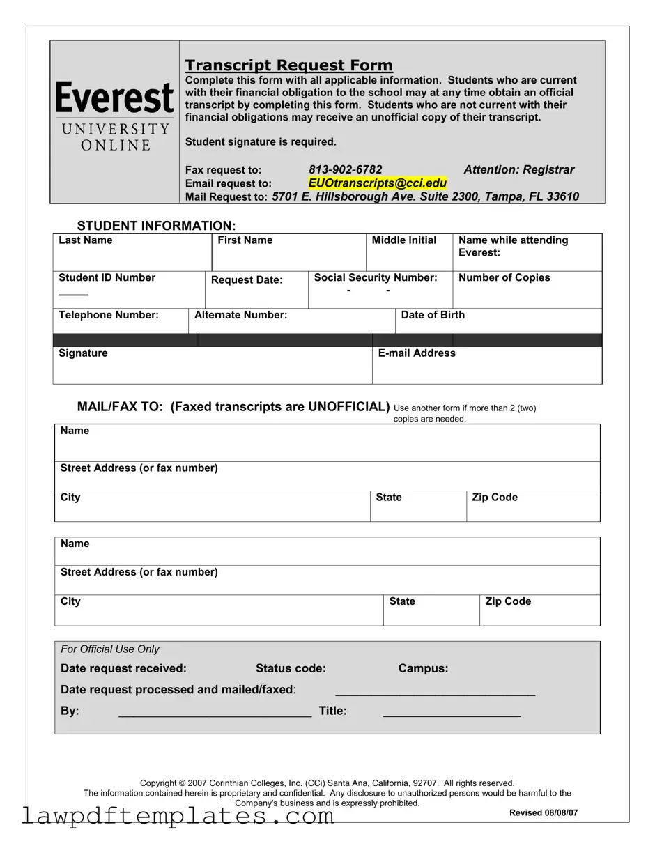 Fillable Everest University Transcript Template