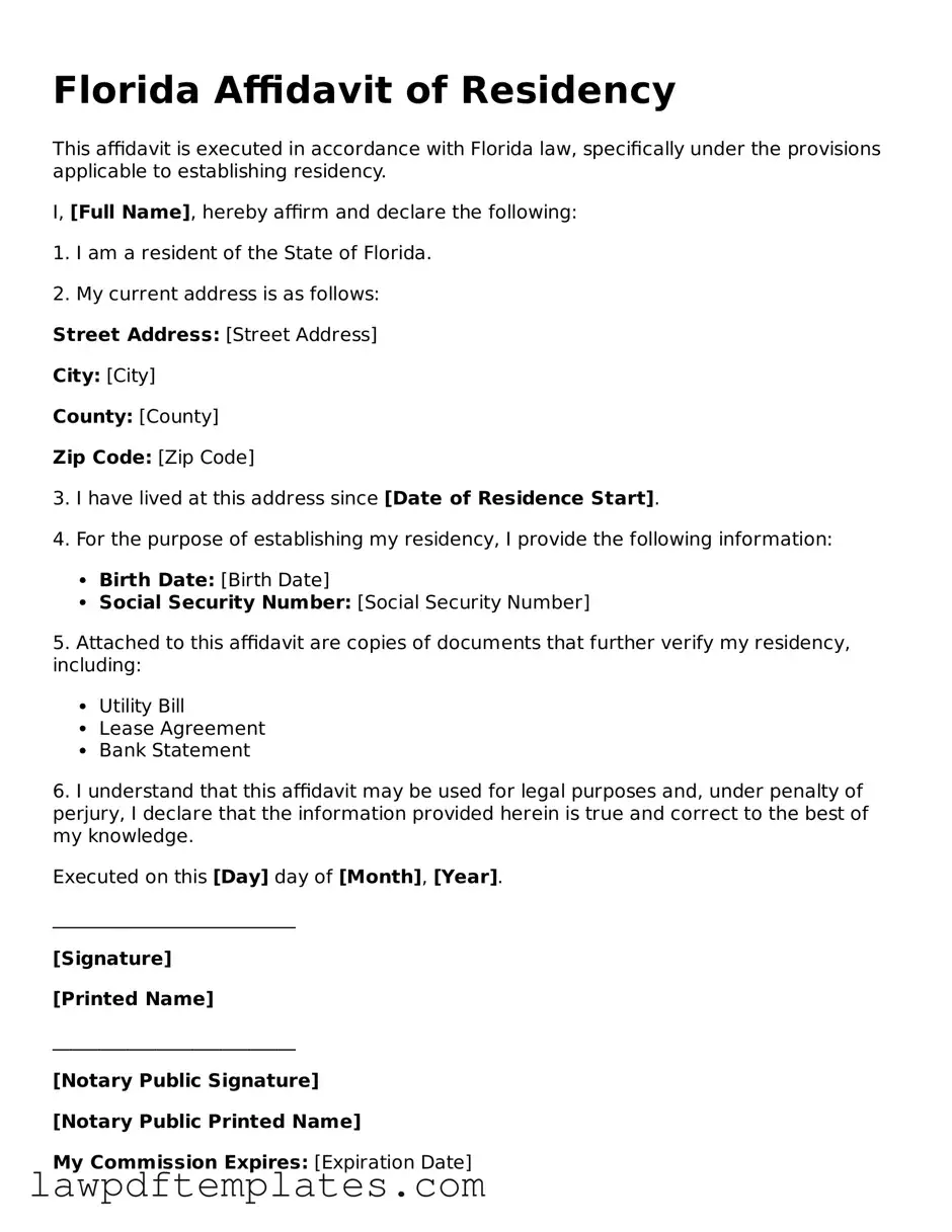 Free Affidavit of Residency Template for the State of Florida