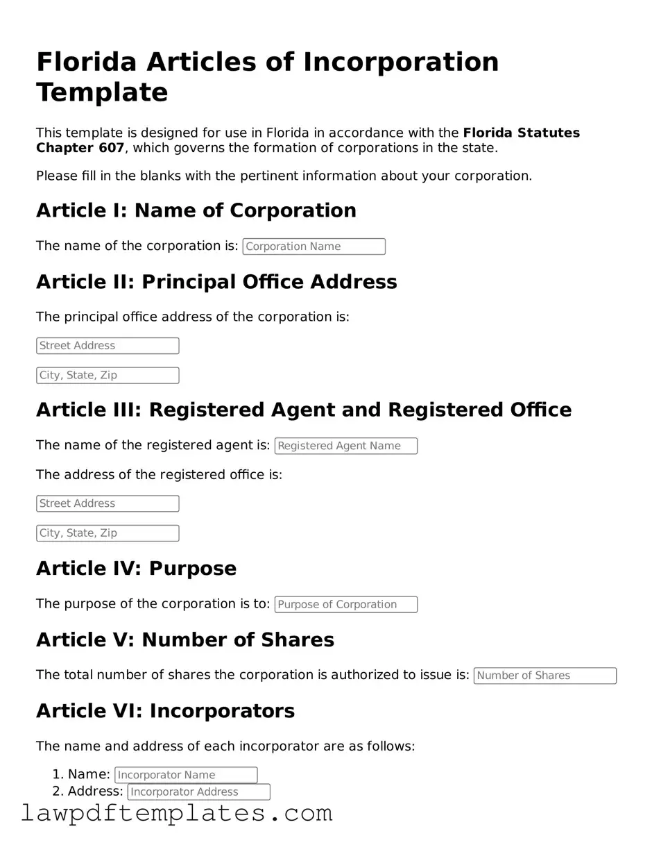 Free Articles of Incorporation Template for the State of Florida