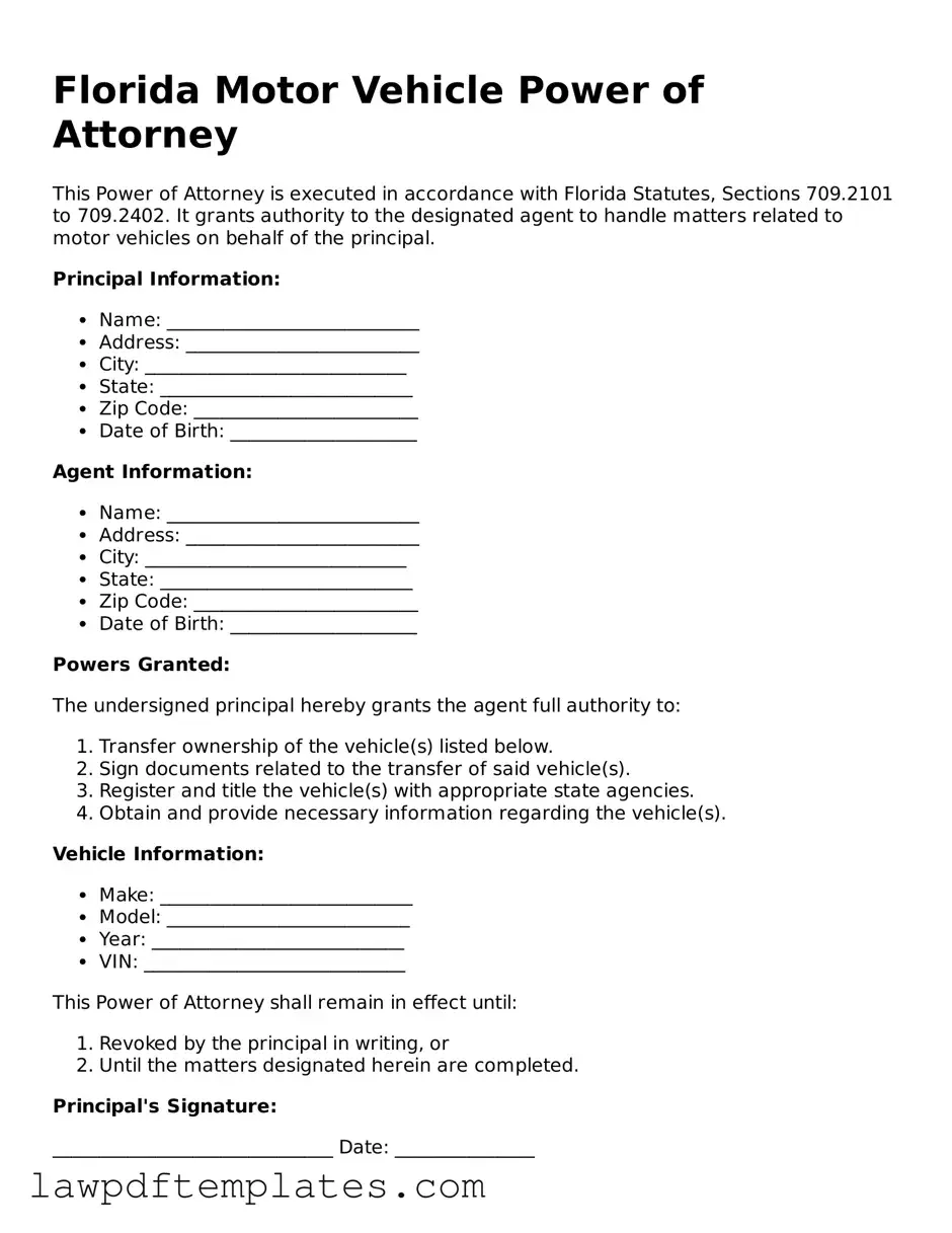 Free Motor Vehicle Power of Attorney Template for the State of Florida