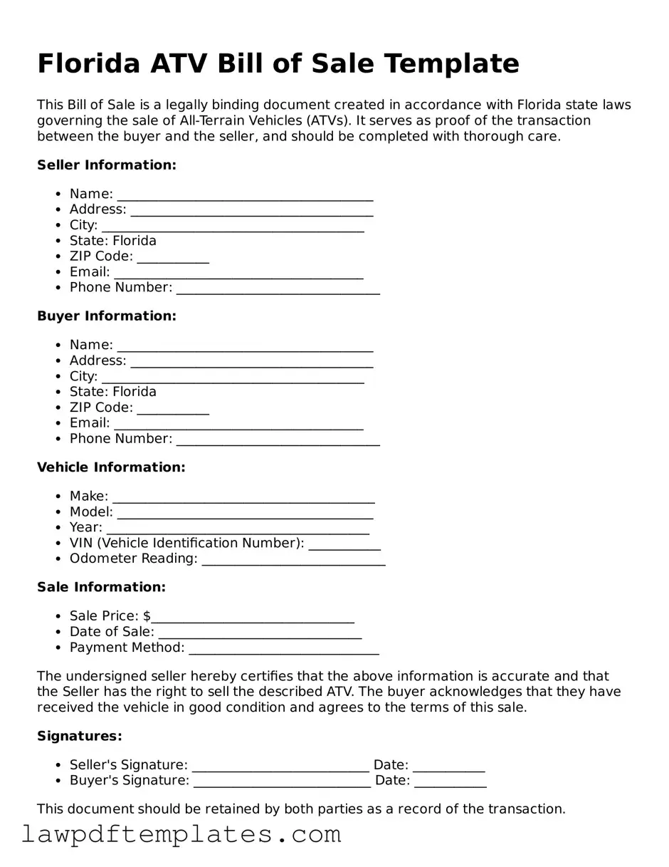 Free ATV Bill of Sale Template for the State of Florida