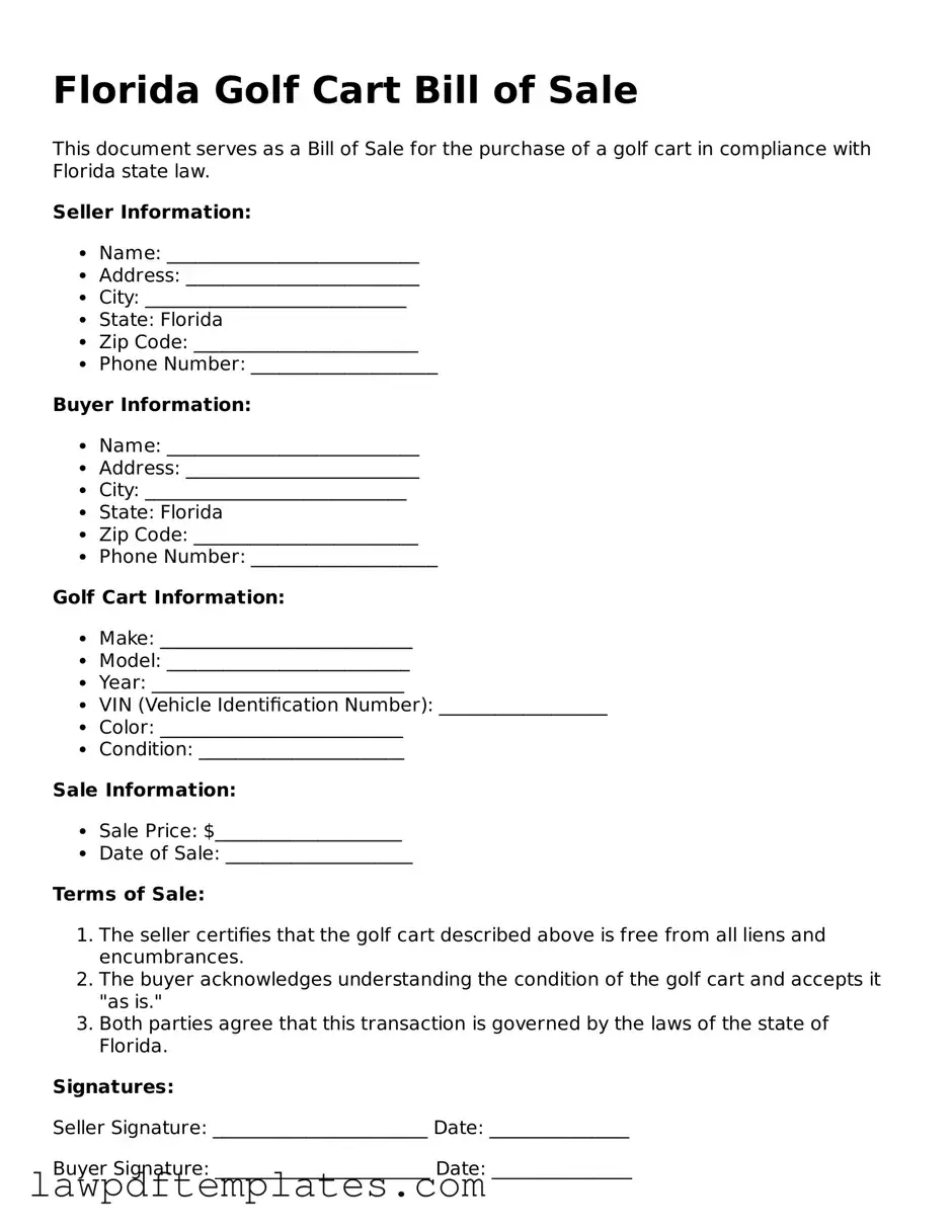 Free Golf Cart Bill of Sale Template for the State of Florida