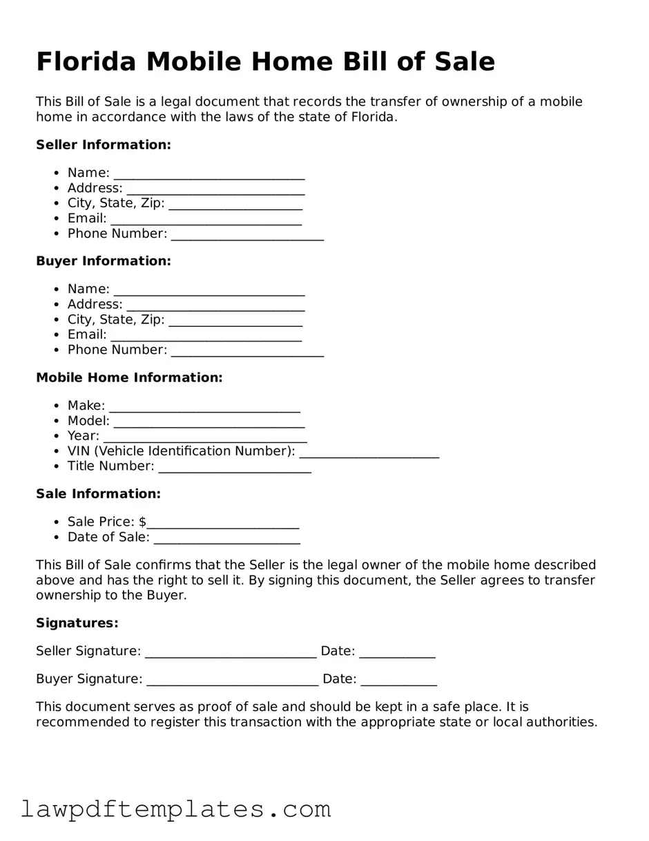 Free Mobile Home Bill of Sale Template for the State of Florida