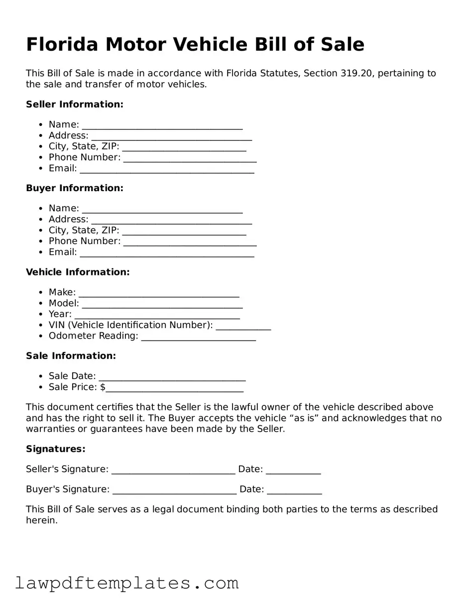Free Motor Vehicle Bill of Sale Template for the State of Florida