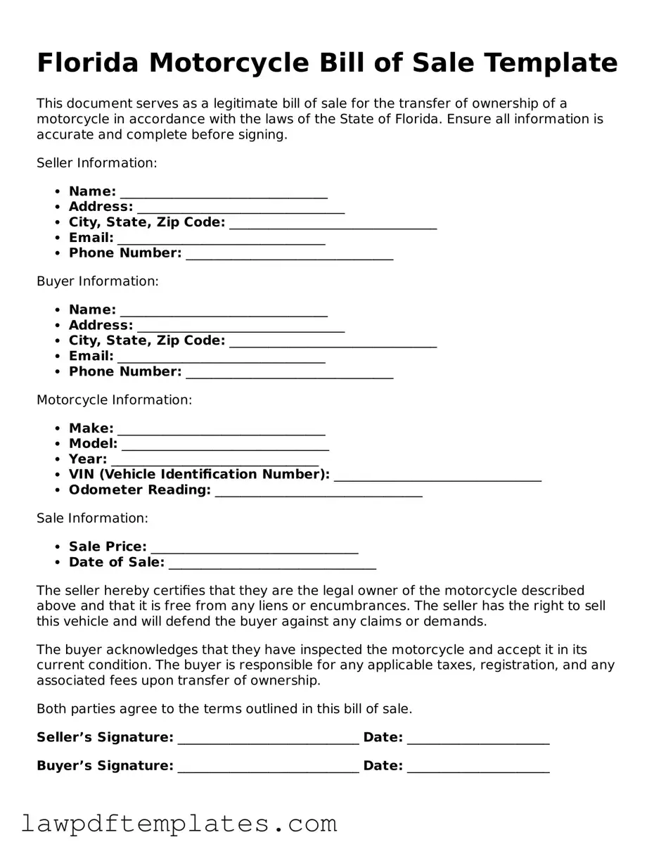 Free Motorcycle Bill of Sale Template for the State of Florida
