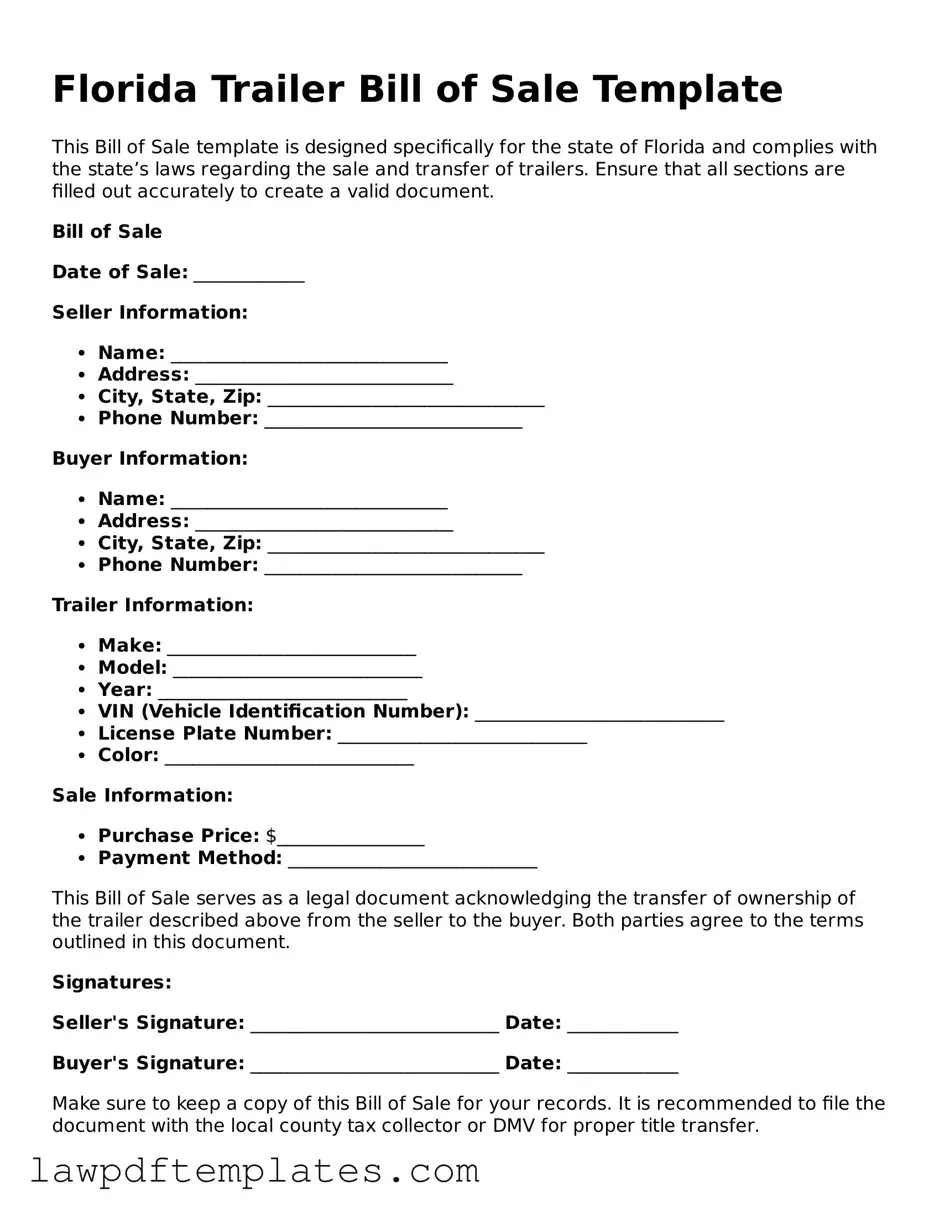 Free Trailer Bill of Sale Template for the State of Florida