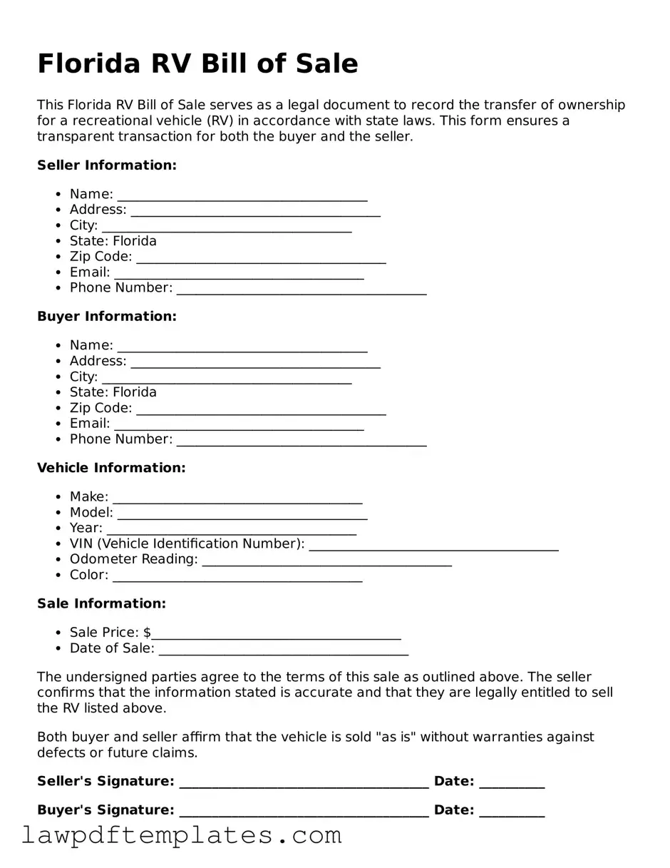 Free RV Bill of Sale Template for the State of Florida