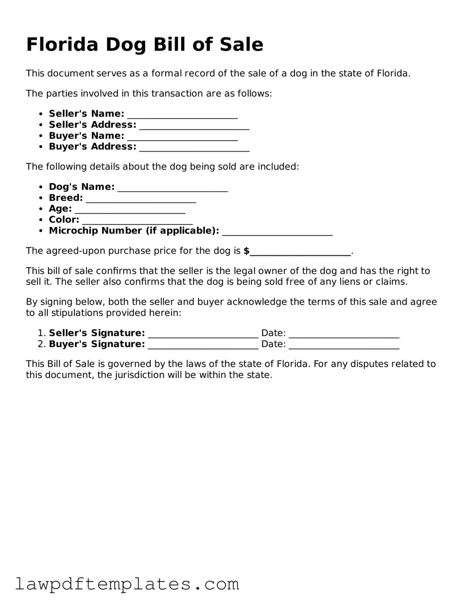 Free Dog Bill of Sale Template for the State of Florida