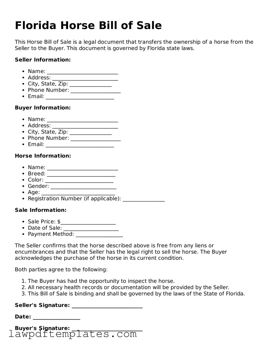 Free Horse Bill of Sale Template for the State of Florida