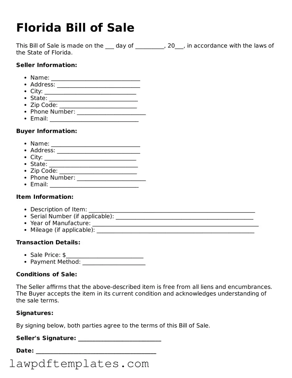 Free Bill of Sale Template for the State of Florida