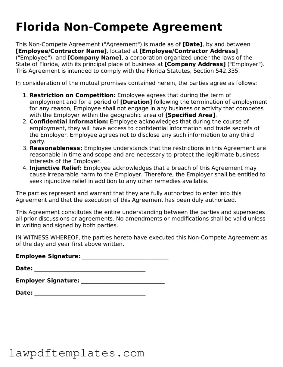 Free Non-compete Agreement Template for the State of Florida
