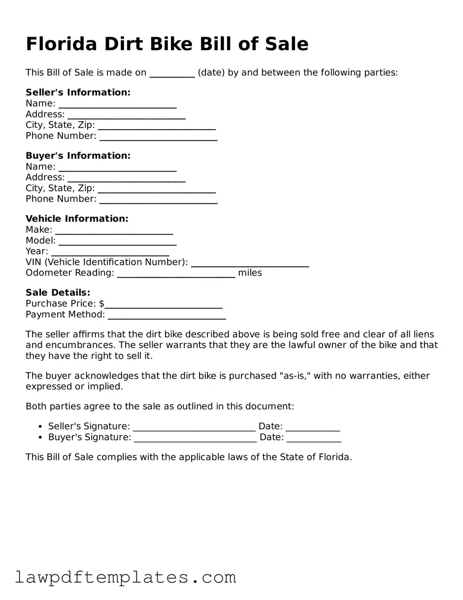 Free Dirt Bike Bill of Sale Template for the State of Florida