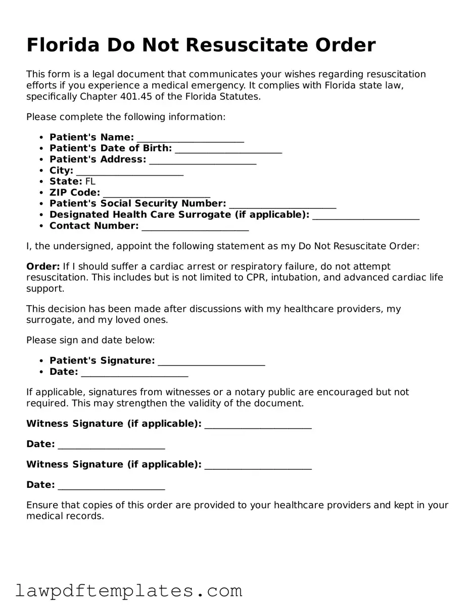 Free Do Not Resuscitate Order Template for the State of Florida