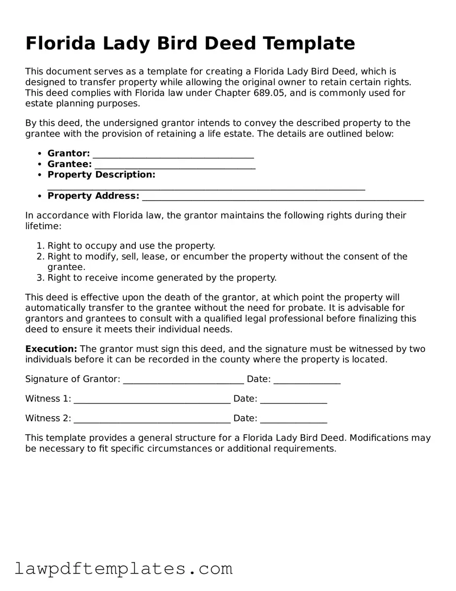 Free Lady Bird Deed Template for the State of Florida